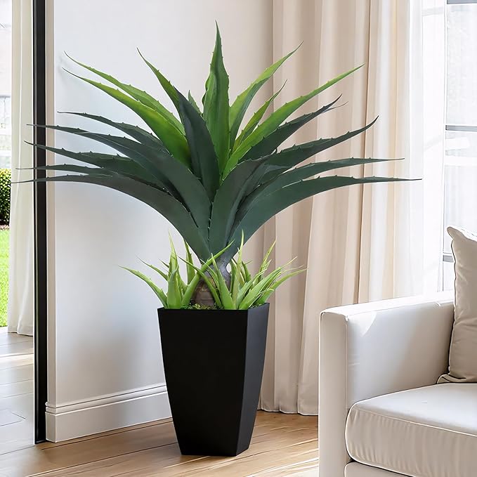 Artificial Spiked Agave Plant 2.5ft, 30 Inch Tall Fake Aloe Vera Plants in Black Pot, Fake Floor Plant Indoor Outdoor for Front Porch Patio Home Office Door Step Decor 1PCS