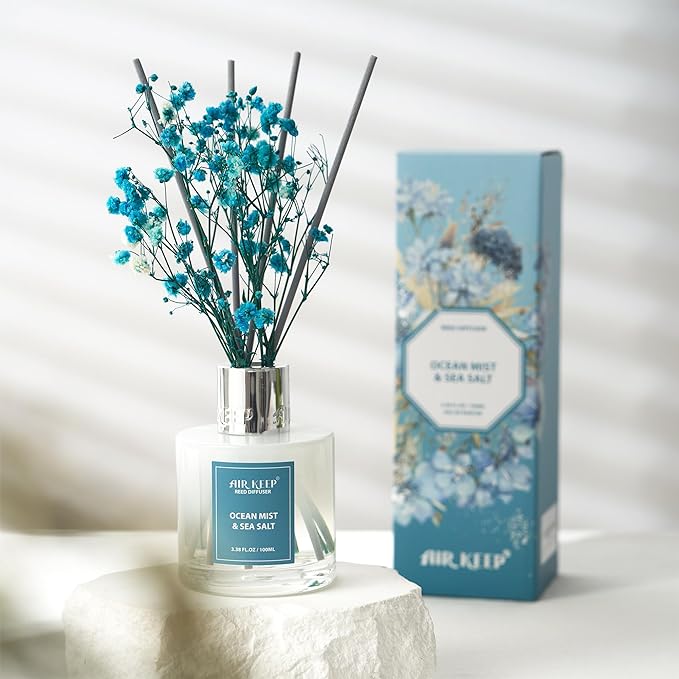 Airkeep Reed Diffuser Set,3.38 fl oz (100 ml) - Ocean Mist&Sea Salt Oil Diffusers with 8 Reed Sticks,Home Fragrance Reed Diffuser for Bathroom Shelf Decor