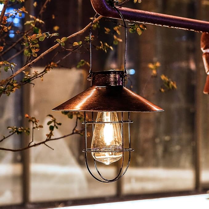 pearlstar Solar Lantern Outdoor Hanging Light Metal Farmhouse Solar Lamp with Warm White Edison Bulb Design for Garden Yard Patio Porch Decor (Brushed Copper)