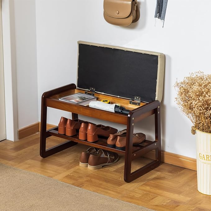 Solid Wood Shoe Bench, 2-Tier Entryway Bench with Cushion and Flip-Open Storage Box, Mid-Century Modern Shoe Bench Rack for Hallway, Mudroom(Gray, 21.65'')