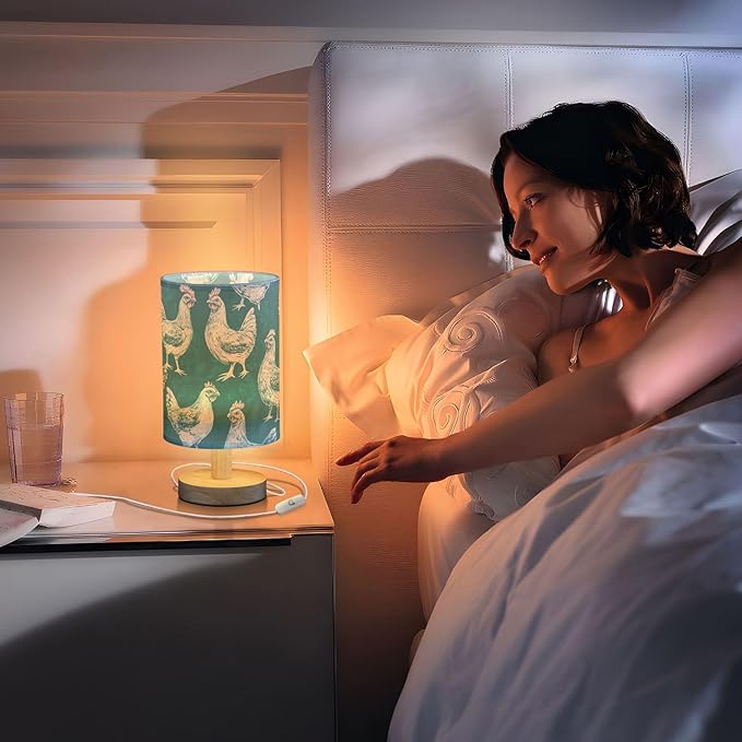 Bedside Table Lamp Chicken Animals Teal Nightstand Lamp with Wood Desk Lamps for Bedroom Living Room Nursery Office Home Decor