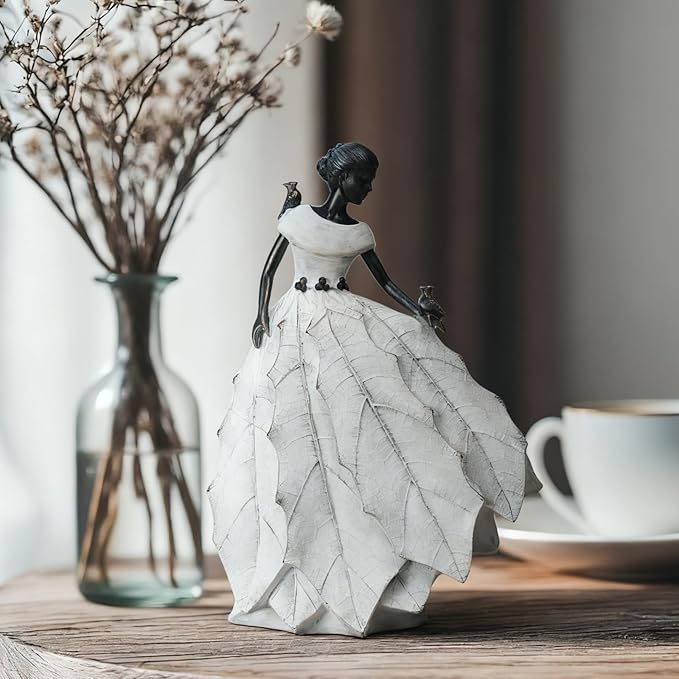 DiliComing Fairy Garden Accessories Outdoor Statue - 14.5 Inch Table Decor for Living Room Garden Maiden Bookshelf Decor Xmas Resin Holly Leaves Maiden White Statue