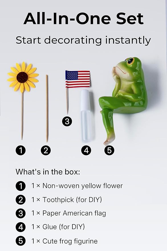 Frog Figurine, Whimsical Hand-Painted Resin Frog Statue with Flower and Flag, Shelf Decor for Living Room Desk Office, Charming Funny Frog Garden Decor, Frog Birthday Gift for Women