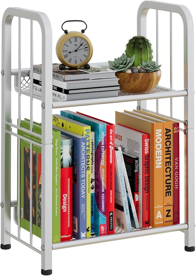 Bookshelf Storage Shelf Bookcase Freestanding Storage Stand for Living Room, Bedroom, Kitchen, Rust Resistance Easy Assembly Free Combination Multi-Functional Organizer (2 Tiers, White)