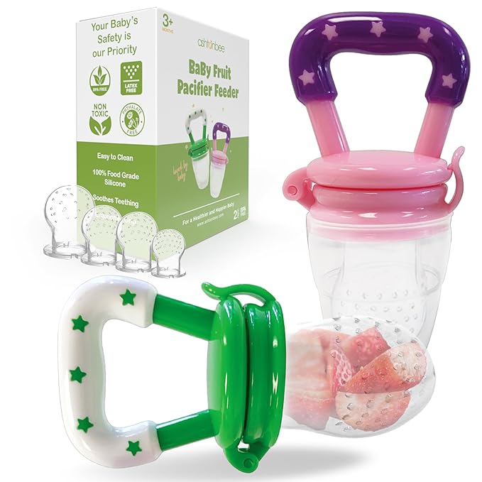Baby Fruit Feeder, Teething Pacifier for Fruits, Veggies, or Frozen Milk, Food-Grade Silicone Teethers for Babies 6-12 Months, Baby Essentials for Teething Relief - Apple Green and Lychee Pink