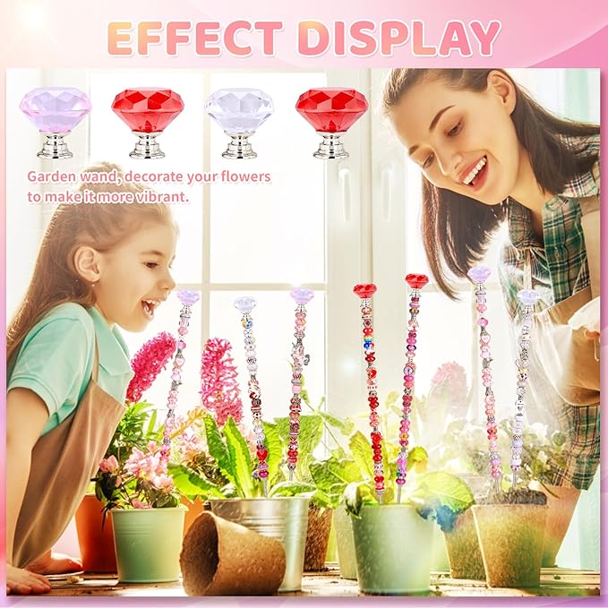 DIY Fairy Wand Garden Beads Stakes Wands Kit,Multiple Color Scheme European Beads Crystal Diamond Tops and 12 or 10 Inch Threaded Rods,Stainless Steel Stakes with Diamond Toppe(Pink+Rose+Red+White)