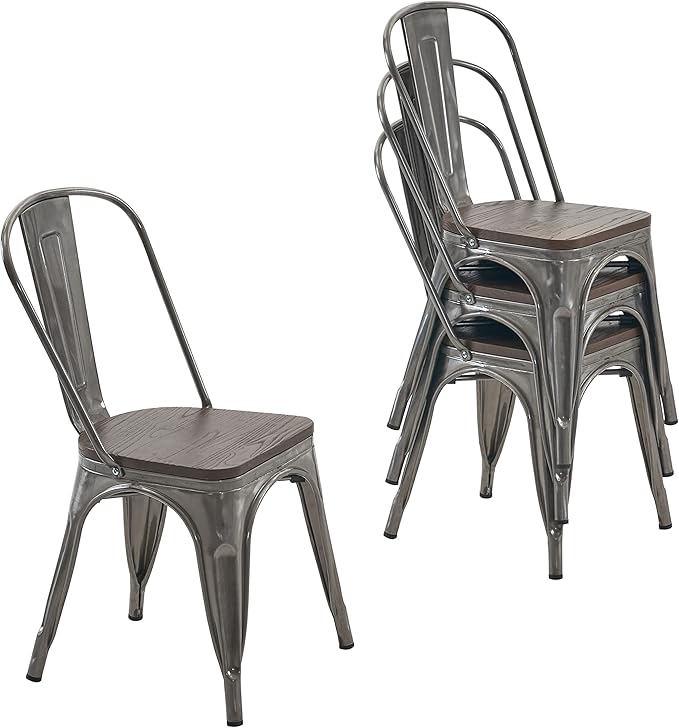 Nazhura Metal Dining Chair Farmhouse Tolix Style for Kitchen Dining Room Patio, 18 Inch, Stackable, Waterproof Indoor/Outdoor (Sets of 4) (Brushed Metal with Wood Padding)