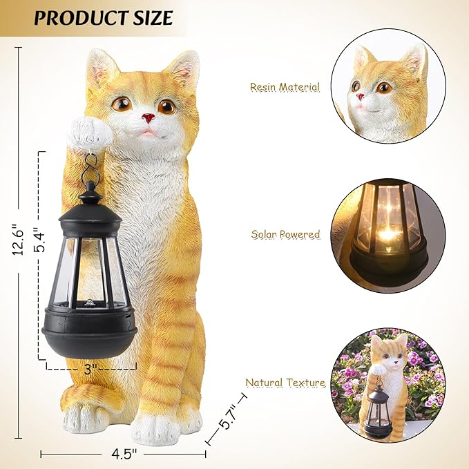 Solar Powered Outdoor Cat Garden Statue, Crafted Garden Sculptures & Statues for Patio, Yard, Lawn, Gardening Gifts for Women and Mom(11" Cat)