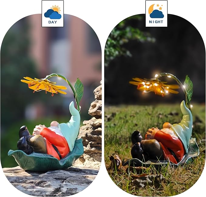 Solar Powered Gnome Garden Statue - Resin Gnome on Green Leaf with Large Yellow Stamen Sunshade, LED Lights Decorations, for Women Men, Outdoor Decor Ornaments for Outside