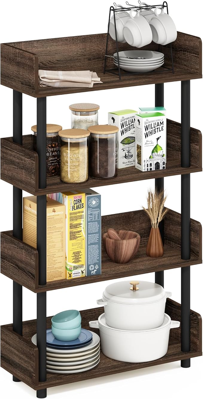Furinno Turn-N-Tube 4-Tier Multipurposes Display Rack, Open Shelf Rack/Storage with Back & Side Panel, Walnut
