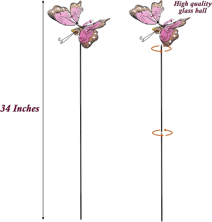 Juegoal 34 Inch Butterfly Garden Stakes Decor, Dragonfly Hummingbird Stakes, Glow in Dark Metal Yard Art for Mom, Mothers Day Ideal Gifts, Indoor Outdoor Lawn Pathway Patio Ornaments, Set of 3