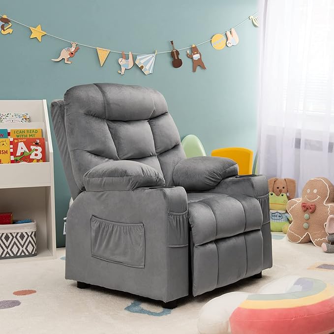 Costzon Kids Recliner Chair with Cup Holder, Adjustable Velvet Lounge Chair w/Footrest & Side Pockets for Children Boys Girls Room, Ergonomic Toddler Furniture Sofa Gifts, Kids Recliner (Gray)