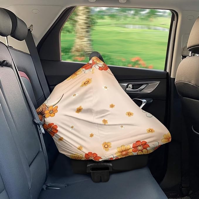 AFPANQZ Highland Cow Baby Car Seat Cover Canopy and Nursing Cover Infant Car Canopy Spring Autumn Winter Snug Warm Breathable Windproof Open Peep Top