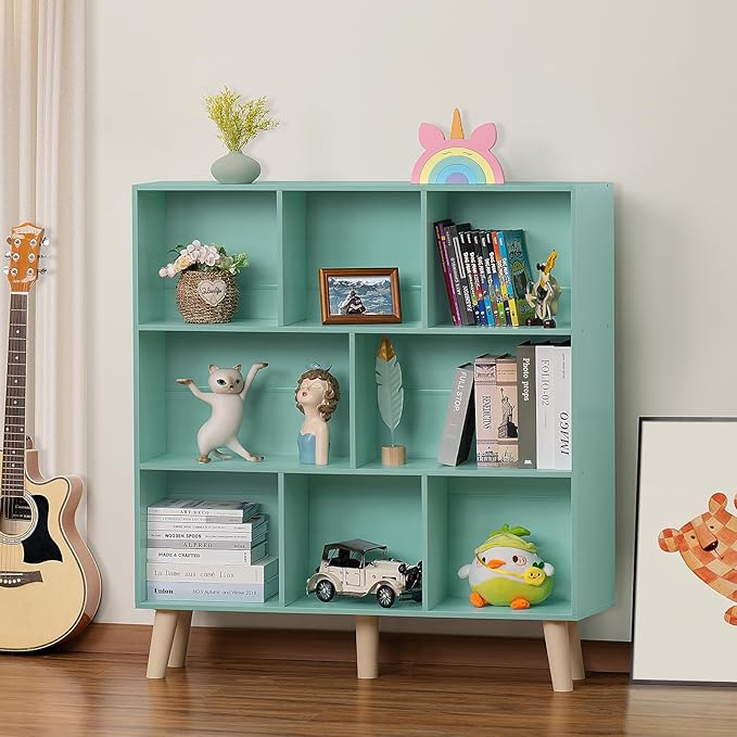 LEYAOYAO 8 Cube Bookshelf 3-Tier Bookcase with Legs, Mint-Green Kids Book Shelf Cute Storage Organizer, Large Open Toy Shelves Modern Bookshelves,Display Bookcases for Bedroom,Living Room,Nursery