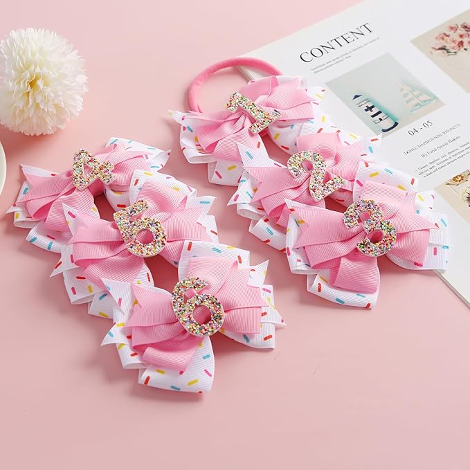 Birthday Hair Bow for Baby Girls 1 2 3 4 5 6 Years Sprinkle Decorations Confetti Ice Cream Party Pink Hair Accessories for 5th Birthday