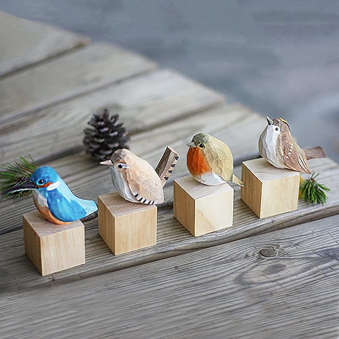 Handmade Wooden Carved Bird Decor Sculpted Hand-Painted Bird Figurines Small Home Decor Bird Statue Shelf Decor BFF Gifts for Bird Lovers (Suit-New)