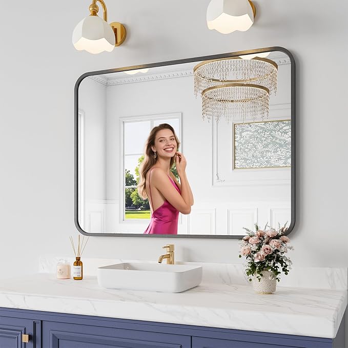 Bathroom Mirror, 30X40 Inch Black Metal Framed Mirror for Bathroom, Tempered Glass, Anti-Rust, Rounded Rectangle Mirror for Restroom, Bedroom, Black