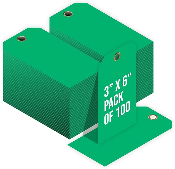 Tags 4 Less 15 Mil Waterproof Plastic Tags, Pack of 100 – 3” x 6” Heavy Duty Plastic Tags for Labeling, Outdoor Tagging, Equipment Labeling, Luggage, Valves & More (Dark Green)