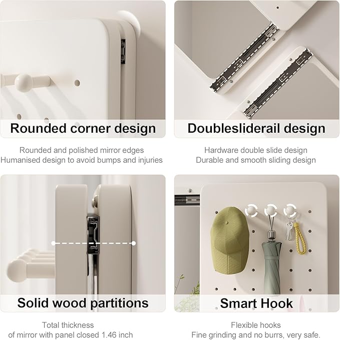 KungFuWood Full Length Mirror with Shelf and Hooks,Entry Way Mirrors for Wall,Wall Mirror with Shelf,Wall Mirror with Storage Multifunctional Design Panel,Living Room