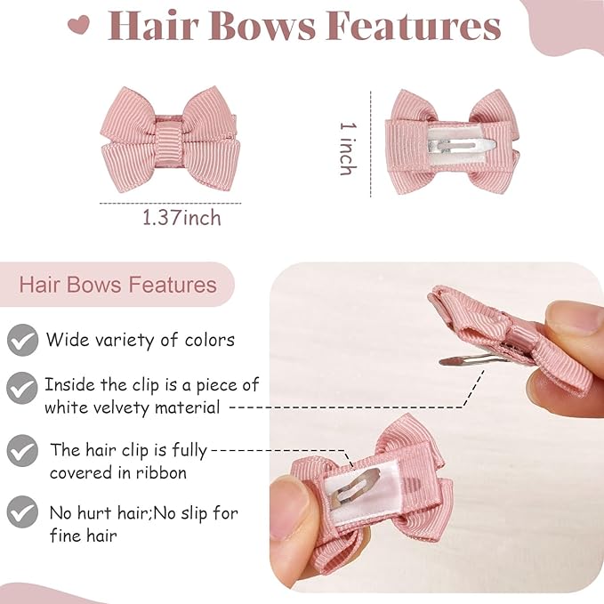 CÉLLOT 40Pcs Baby Snap Hair Clips Grosgrain Ribbon Tiny Baby Bows in 20 Colors for Infant Toddlers Fine Thin Hair (Twin Style)