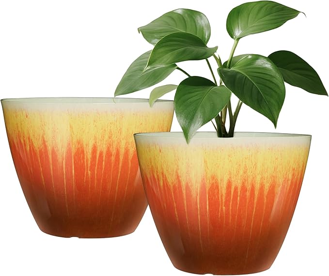8 inch Plant Pots Pack of 2, Plastic Flower Pots Flower Pots, Modern Glossy Finishing Planter for Indoor Outdoor Plants (Orange Glaze)