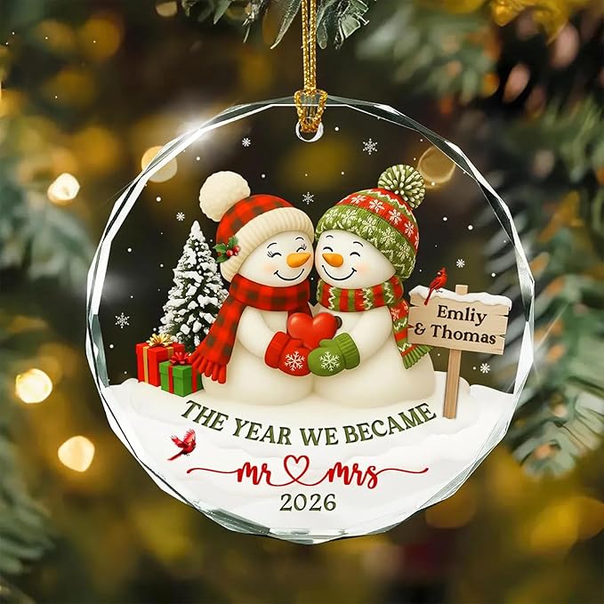 NAZENTI Personalized Snowman Couple Ornament 2025, Custom Glass Christmas Ornaments with Names, Snowman Lovers Holiday Decoration, Romantic Gift for Couples Newlyweds Keepsake 06