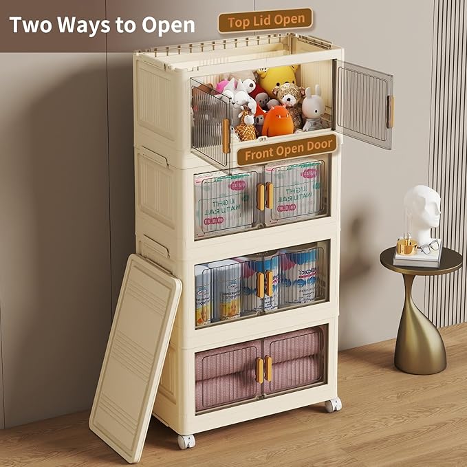 4 Tier Stackable Plastic Storage Bins with Lids 58QT, Collapsible Closet Organizers and Storage with Wheels for Living Room,Office,Dorm