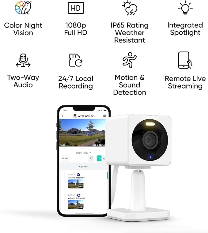 Wyze Cam OG Indoor/Outdoor 1080p Wi-Fi Smart Home Security Camera with Color Night Vision, Built-in Spotlight, Motion Detection, 2-Way Audio, Compatible with Alexa & Google, White, Free Expert Setup