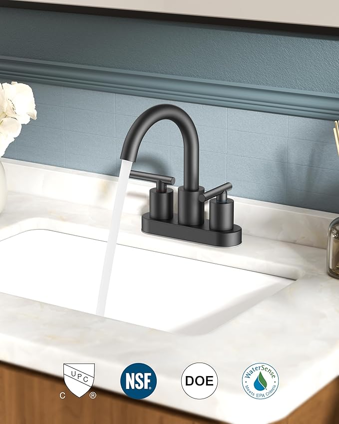 FORIOUS 4 Inch Centerset Bathroom Faucet Black 2 Hole, Two Handle Matte Black 4 Inch Faucet for Bathroom Sink Centerset with Metal Dain, Supply Line, and 360° Rotating Spout Rv Basin Tap