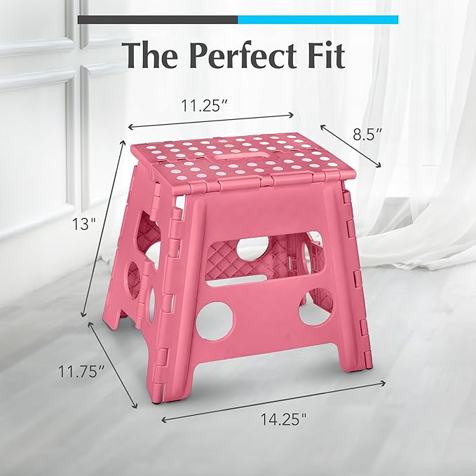 Handy Laundry Folding Lightweight Step Stool - Sturdy Enough to Support Adults and Safe Enough for Kids - Opens Easy with One Flip - Great for Kitchen, Bathroom or Bedroom (Pink - 13 inch)