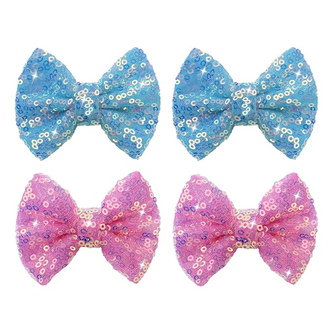 4PCS Blue Sequin Hair Bows Clips Sparkly Hair Bows for Girls Dark Pink Alligator Clips Glitter Hairpins Hair Accessories for Children Toddler Teenage Girls Kids Gift