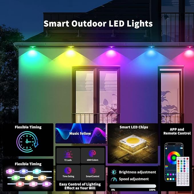 100ft Dynamic Smart RGB LED Permanent String Lights App Remote Color Sync Waterproof Outside House Lights Outdoor Transform Backyard Parties Patio Nights Holiday Magic Festive Glow Instantly