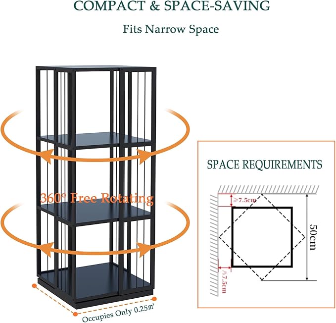 Square Rotating Bookshelf Tower - 360 Spinning Display Corner Bookcase for Narrow Space, Modern 3-Tier Revolving Storage Shelf, Black