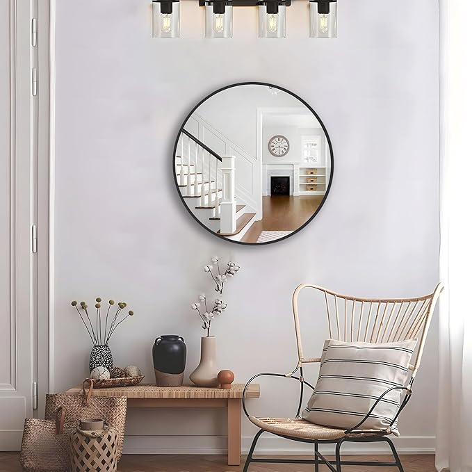 Circle Mirror 16 Inch Black Round Bathroom Mirror Round Bathroom Mirror Circle Mirrors for Wall Decor Frosted Metal Frame Anti-Rust Tempered Glass for Bedroom Living Room Decorative