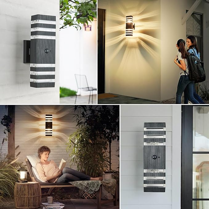 2 Pack Motion Sensor Outdoor Wall Light Fixture Up Down Porch Lights Modern Dusk to Dawn Exterior Sconce Light Wall Mount Outside Coach Lantern for House Front Door Garage (With 4 Dimmable Warm Bulbs)