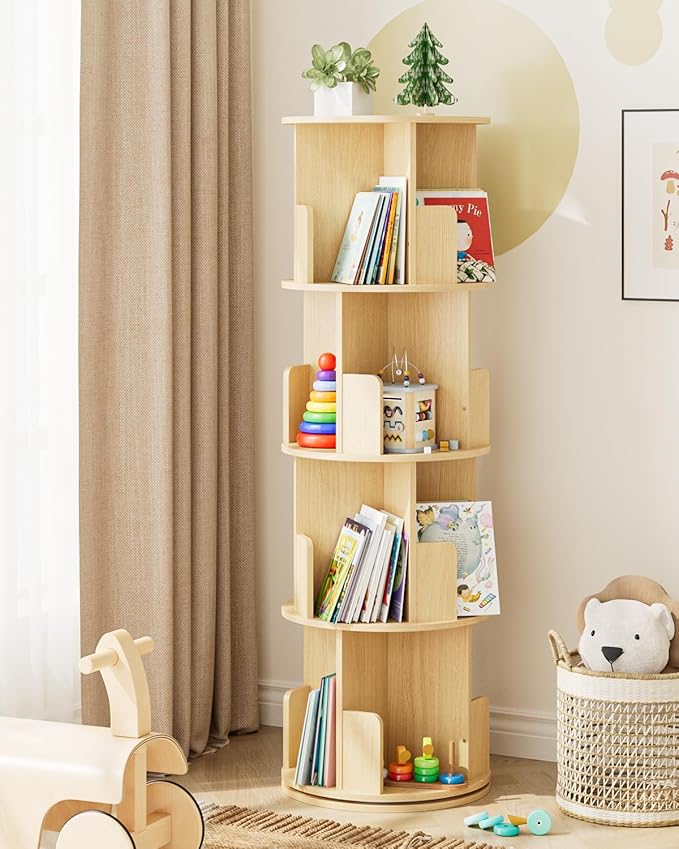 Masupu Rotating Bookshelf, Tall 4 Tier Rotating Spinning Bookshelf Tower, 360 Spinning Floor Standing Bookcase Storage Rack, Conner Rotating Book Shelf for Kids Rooms, Bedroom, Living Room