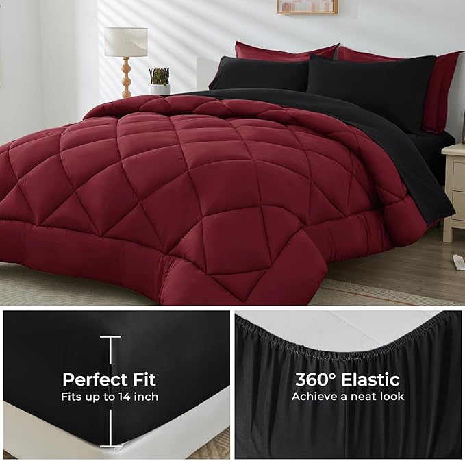 HEVUMYI Red & Black Twin-XL Comforter Set - 5-Piece All Season Bed in a Bag Twin-XL, Ultra Soft Bedding Set with Burgundy Comforter, Flat Sheet, Fitted Sheet, Pillowcases, Pillow Shams