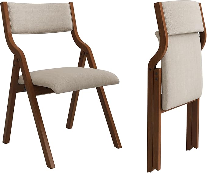 Folding Dining Chairs Set of 2, Upholstered Kitchen Chair with Padded Seat & Backrest, Modern Side-Chair with Wood Legs for Home Office Living Room,No Assembly Needed,Cream Taupe+ Walnut