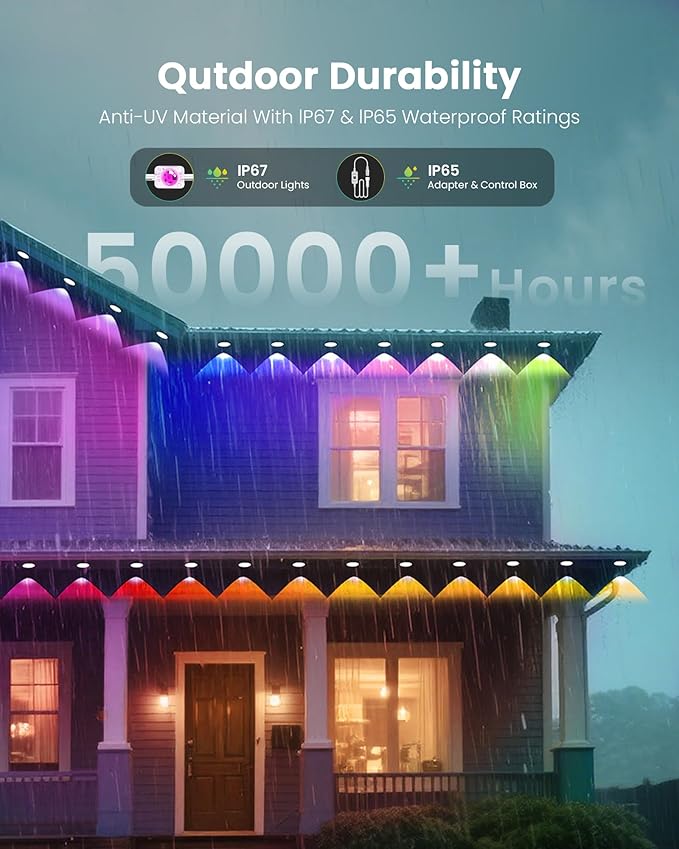 KISUFU 200FT RGB+IC Permanent Outdoor Lights, 24V Year-Round Roof & Eaves Lighting with 221 Modes, App & Remote Control, IP68 Waterproof, Smart Outside Lights for Halloween, Christmas, Holidays