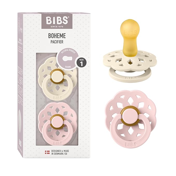 BIBS Pacifiers - Boheme Collection | BPA-Free Baby Pacifier | Made in Denmark | Set of 2 Ivory/Blossom Color Premium Soothers | Size 0-6 Months