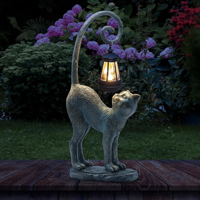Outdoor Christmas Decorations Gifts Cat Garden Statues with Solar Lights, Fall Home Decor Cat Figurines for Lawn,Patio,Balcony,Porch,Yard Art Ornament- Birthday Gifts for Women Grandma Sister