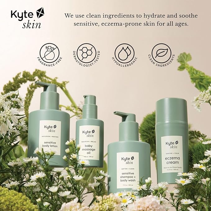 KYTE BABY - Kyte Skin Sensitive Lotion, Fragrance - Free, Hypoallergenic, with Shea Butter, Oats, Jojoba Oil, for Dry, Irritated, Eczema - Prone Skin, Safe for Babies, Kids and Adults