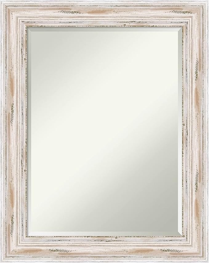Amanti Art White Bathroom Mirror for Over Sink, 29x23 Alexandria White Wash Rectangle Vanity Mirror, Medium Coastal Wood Frame, Hangs Horizonally and Vertically, Bathroom Wall Decor, Beveled Edge