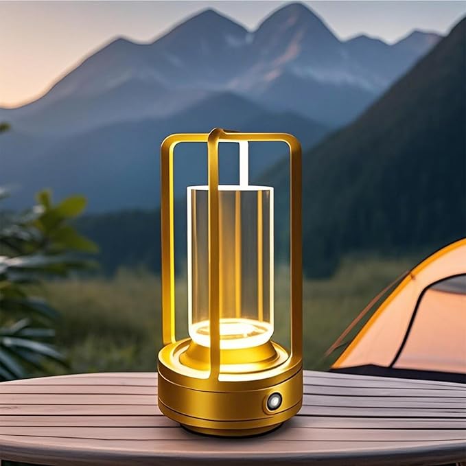 Outdoor Table Lamp, 4000mAh Rechargeable Battery Operated lamp, 3 Color Stepless Dimmable Cordless Table Lamp for Patio, Camping, Coffee Table, Crystal Lantern lamp for Indoor/Outdoor (Gold)