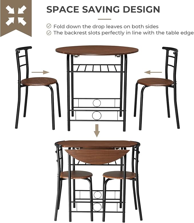 VINGLI 31.5" Drop Leaf Dining Table Set 3 Pieces for Small Space,Small Kitchen Table Set for 2,Round Folding Table with 2 Chairs for Home,Kitchen,Apartment,Black&Brown