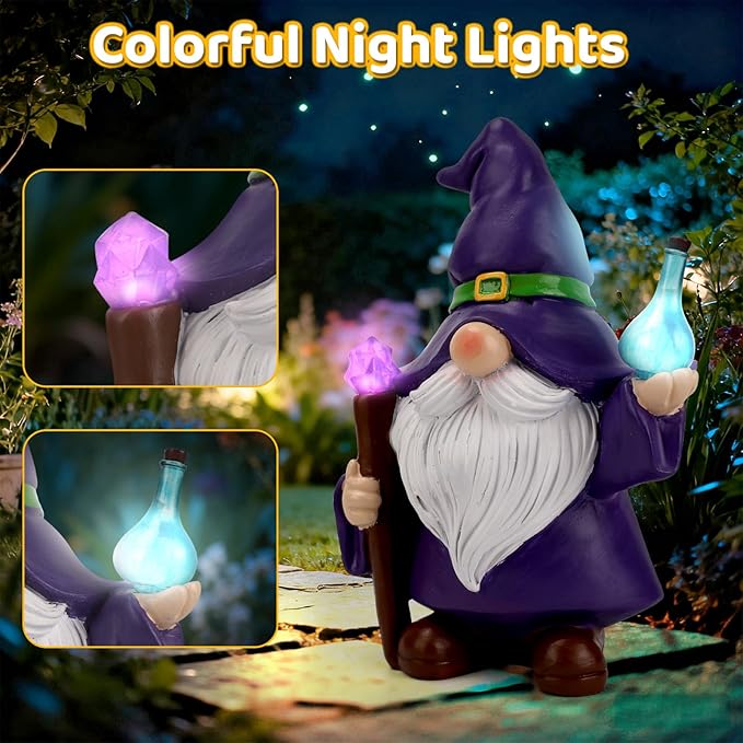 Solar Gnome Garden Decor Statue - Outdoor Gnome Statue Ornaments with Solar Lights for Outside, Patio, Yard, Lawn, Balcony - Housewarming Gift for Women, Men, Mom, Grandma