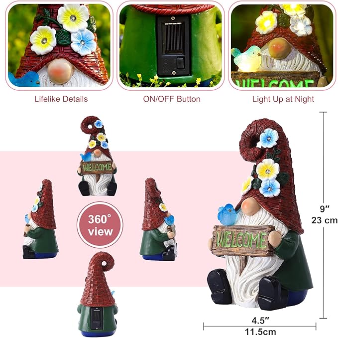 Solar Gnome with Wlecome Decor for Yard Decorations - 10 Inch Gnome Statue Decor for Outdoor,Perfect Garden Gifts for Women,Mom