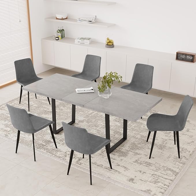 ZckyCine Extendable Dining Table Set for 6-8 People with 6 Upholstered Chairs Expandable Wood Kitchen Table 51"-67" (130-170cm) | Space-Saving Home & Dining Room Furniture Set