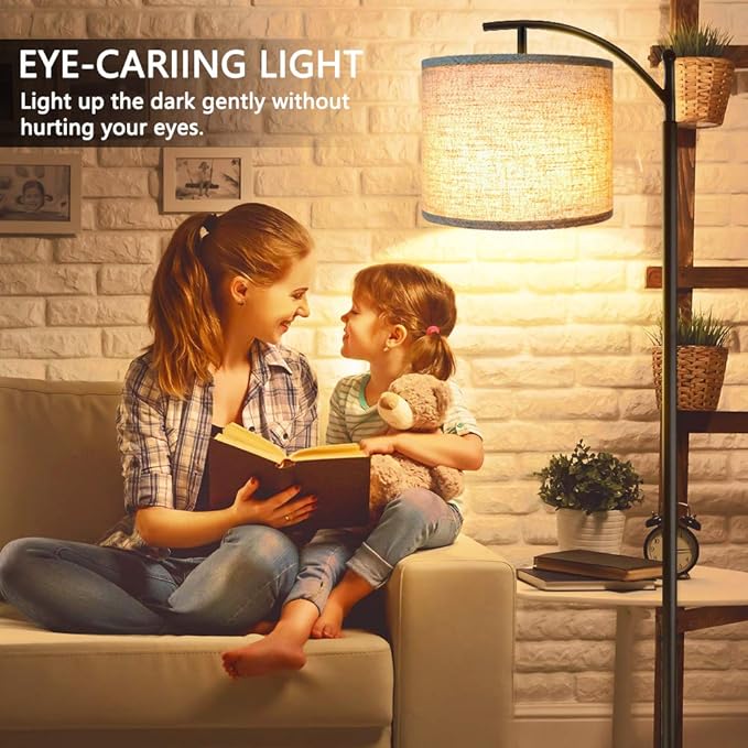 ROTTOGOON Floor Lamp for Living Room with 3 Color Temperatures LED Bulb, Standing Lamp Tall Industrial Floor Lamp Reading for Bedroom, Office (9W LED Bulb, Beige Lampshade Included) -Black