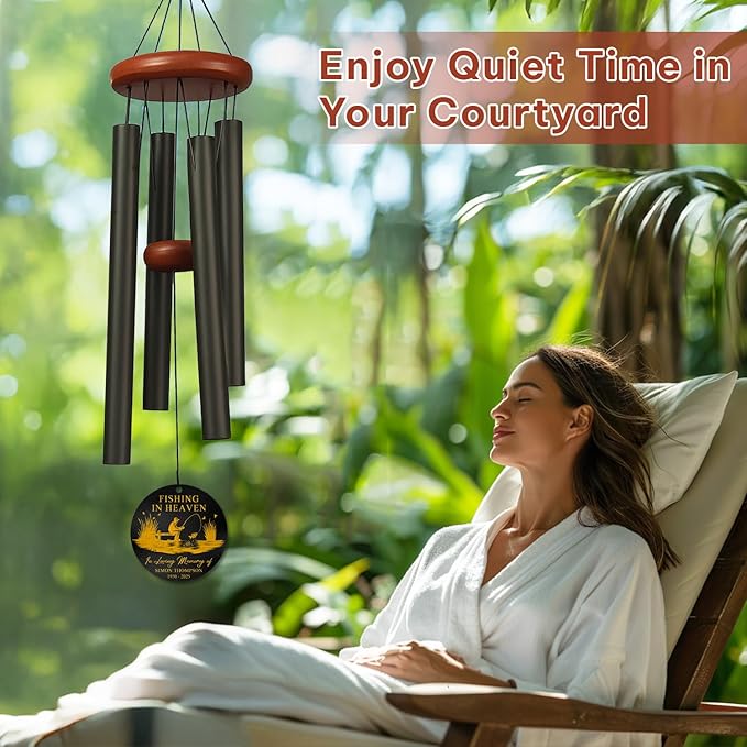 Personalized Fishing Memorial Wind Chime – “Fishing in Heaven” Custom Name & Years – Outdoor Sympathy Gift for Fishermen’s Families – Memorial Windchimes for Loss of Loved One – Tranquil Garden Décor